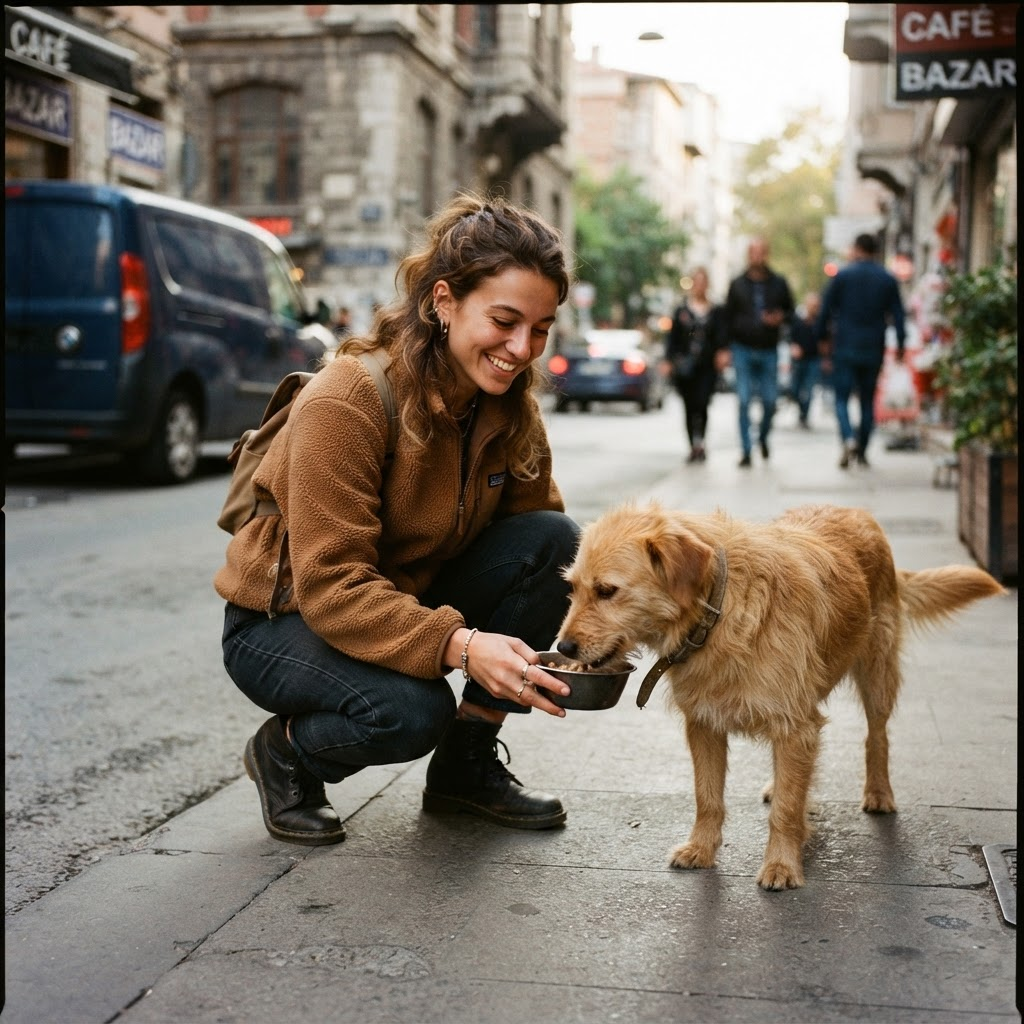 Gönüllü sokakta golden bir köpeği elinden besliyor