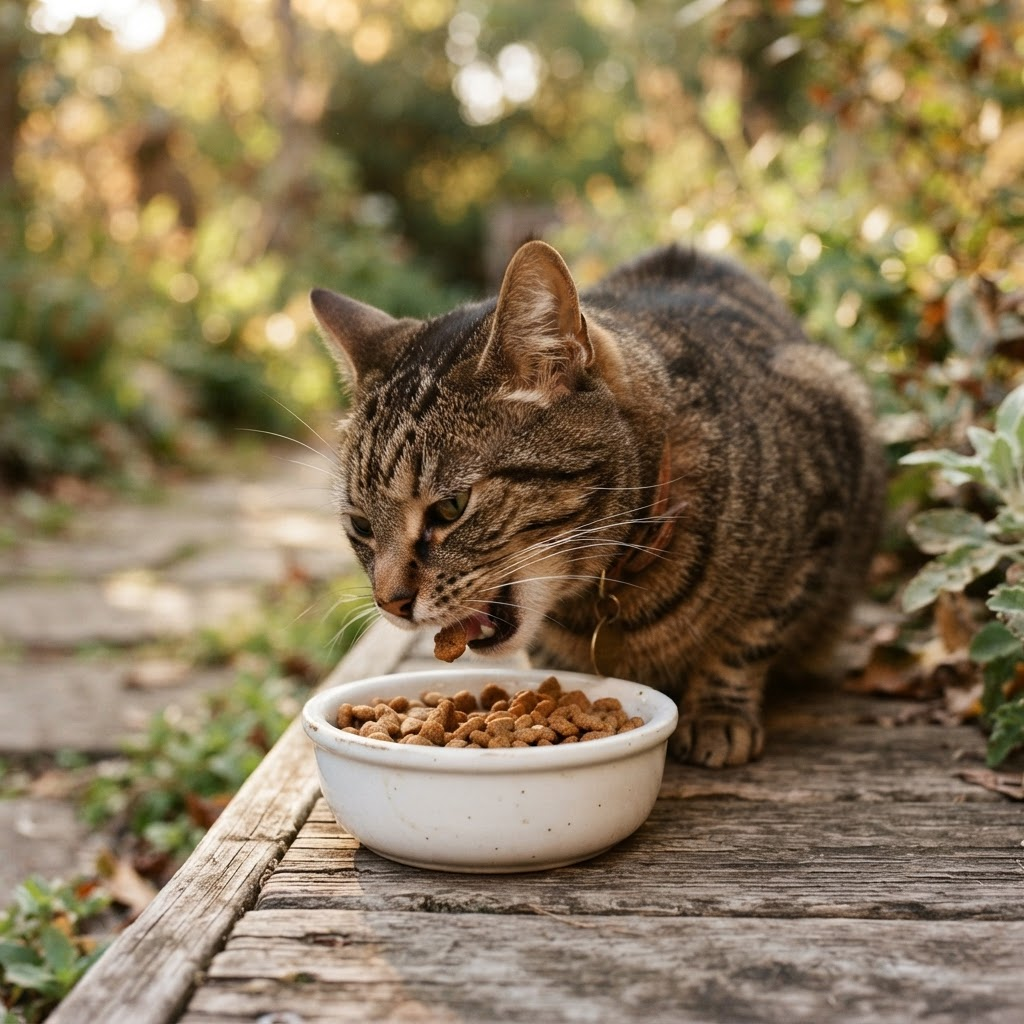 Tekir kedi kaseden mama yiyor